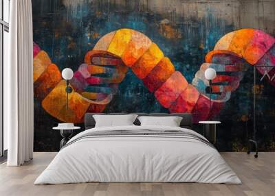 A colorful, abstract graffiti mural on a concrete wall, depicting two hands clasped together in a handshake, symbolizing unity and connection. Wall mural