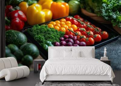 A colorful array of fresh vegetables on a black tray, including red and yellow bell peppers, tomatoes, grapes, and green leafy vegetables. Wall mural