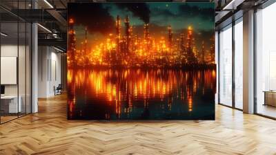 A glowing cityscape of factories reflected in a still body of water at night. Wall mural