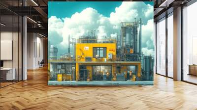 A small industrial factory with yellow buildings, pipes, and tanks, under a blue sky with white clouds, with two workers in the foreground. Wall mural