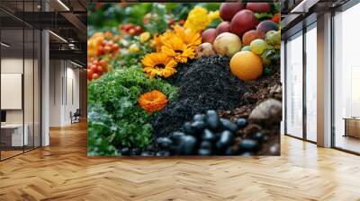 A variety of fresh fruits, vegetables, and flowers in a composition that symbolizes a healthy lifestyle and the connection between food and nature. Wall mural