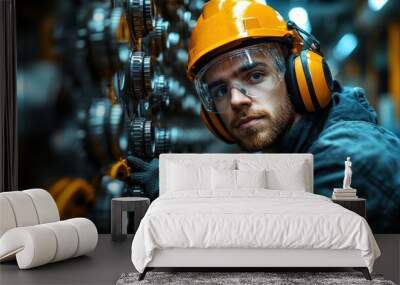 A young man in a hardhat, ear protection, and safety glasses works on industrial machinery. Wall mural