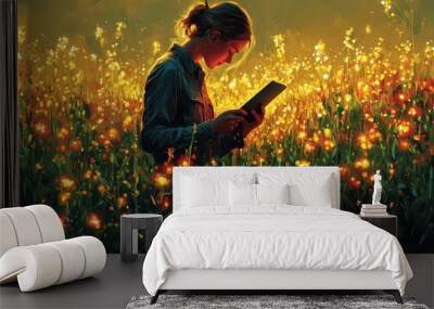 A young woman stands in a field of glowing flowers, looking down at a tablet. Wall mural