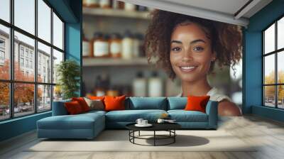 A young woman with curly hair smiles at the camera in her small business. Wall mural