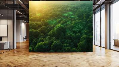 An aerial view of a lush green forest with a glowing digital network overlay. Wall mural