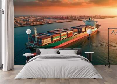 Container Cargo freight ship with working crane bridge for Logistic Import Export background Wall mural