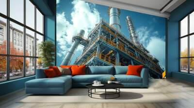 Industrial plant with tall chimney and smoke against a blue sky with clouds. Wall mural