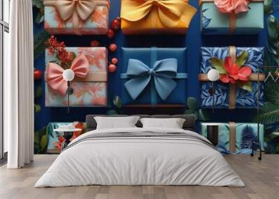 Nine colorful gift boxes with bows and ribbons arranged in a square on a blue background. Wall mural