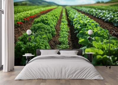 Rows of fresh vegetables growing in a field with a rolling hill in the background. Wall mural