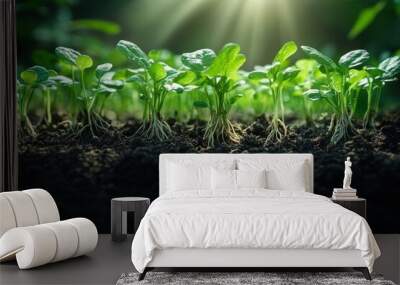 Young green sprouts emerging from the soil, bathed in sunlight. Wall mural