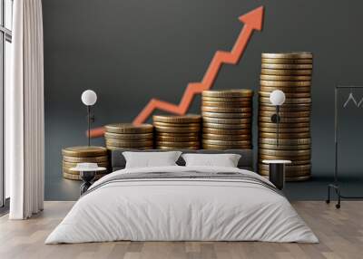 Stacks of coins with an upward-pointing graph and a dollar sign icon representing the financial growth concept for the stock market or business growth. 3d illustration. Wall mural