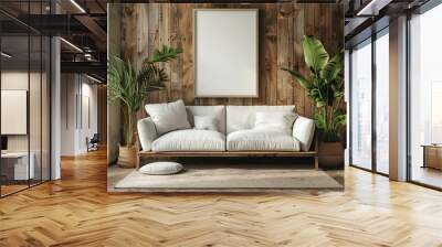 A stylish minimalist living room features a comfortable white sofa, large leafy plants, and a wooden background wall to create a cozy atmosphere. Wall mural