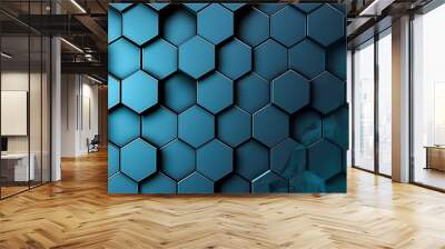 An abstract hexagon pattern with a gradient from dark blue to cyan, creating a vibrant and modern design.  Wall mural