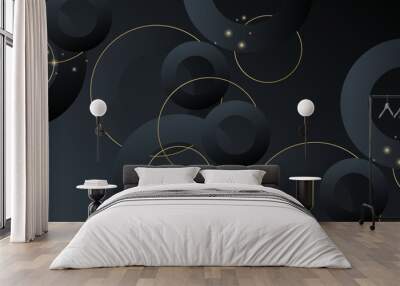 Abstract gold black circle lines on dark background. Wall mural