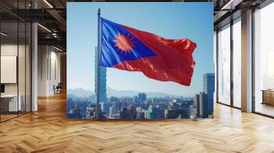 Taiwanese flag waving in the wind, over a city skyline. Wall mural