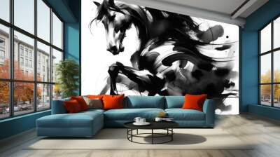 An abstract ink painting capturing the dynamic essence and movement of a horse in bold black and white strokes.
 Wall mural