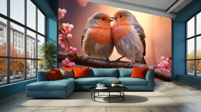 Two adorable birds snuggle together on a blooming branch, symbolizing companionship and the beauty of spring.
 Wall mural