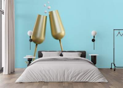 Two gold glasses of champagne. Merry Christmas and Happy New Year concept, 3d render Wall mural