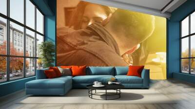 Passion hugs of loving couplein the cafe. (Romance, love, family, marriage concept) Wall mural