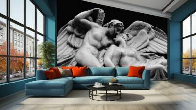 Psyche revived by Cupid's kiss. Isolated on black background. Black and white image. Horizontal image. Wall mural