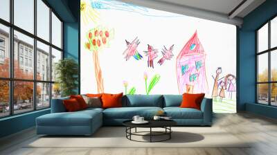 The world through the eyes of a child. Child's drawing of a family. Happy childhood concept. Wall mural