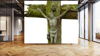 Very old ancient statue of crucifixion of Jesus Christ on destroyed wooden cross Wall mural