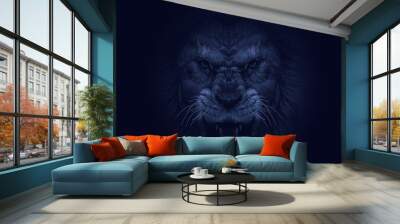 The aggressive face of lion. King of beasts, the biggest cat, shows huge fangs.  Great for user pic, icon, label or tattoo. Wall mural