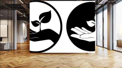 Hand with eco green leaf icon. holding green leaves in circle . hand carefully holding green leaves Wall mural