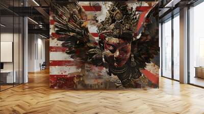 A detailed portrait of a mythical figure with wings, set against a background of an American flag and abstract splatters Wall mural