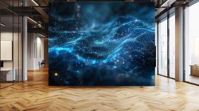 Abstract blue tech background with digital waves showcasing dynamic network systems and artificial neural connections for cyber quantum computing and electronic global intelligence Wall mural