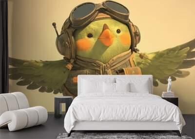 Cute aviator parrot, parrot pilot wearing vintage flight goggles and jacket. 3D illustration, cartoon character,  concept art Wall mural