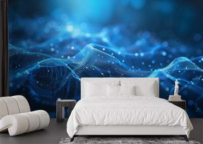 Innovative abstract blue tech background with digital waves and dynamic network systems focusing on artificial neural connections in cyber quantum computing and electronic global intelligence Wall mural