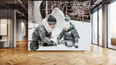 Two boys playing in the snow, snowy weather, children having fun. Wall mural