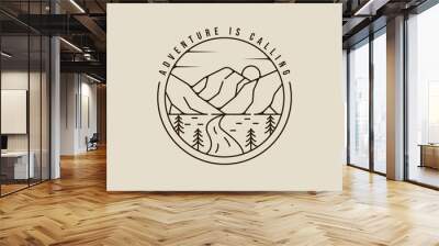 mountain and pines logo line art simple minimalist vector illustration template icon graphic design. adventure and outdoors sign or symbol for travel company with badge and typography Wall mural