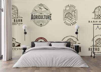 set of barn logo line art vintage vector illustration template icon graphic design. bundle collection of various farm house sign or symbol for agriculture business with badge and typography Wall mural