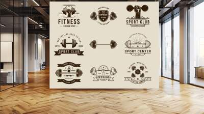 set of gym or fitness logo sport line vintage vector illustration template icon graphic design. bundle collection of various body building sign or symbol for training center concept typography Wall mural