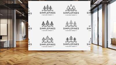 set of pines tree logo line art simple vector illustration template icon graphic design. bundle collection of various minimalist shape pine symbol of nature Wall mural