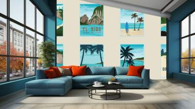 set of various island or beach poster vector illustration template graphic design. bundle collection of travel banner and sign for business or vacation concept Wall mural