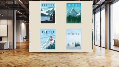 set of winter and mountain poster vector illustration template graphic design. bundle collection of various landscape nature on snow for travel business or adventure concept Wall mural