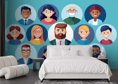 Collection of different avatar characters happy business people men and women Wall mural