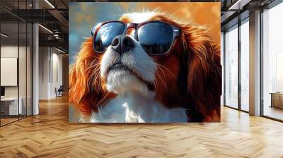 Dog wearing sunglasses with a cool pose. Wall mural