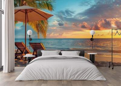 Two Beach Chairs Under A Palm Tree Umbrella At Sunset Wall mural