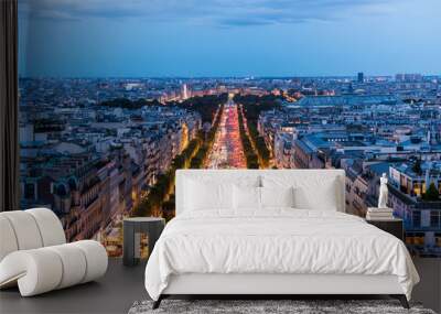  Night view of downtown of Paris, view from the Arc de Triomphe at the Champs-Elysees Avenue in Paris, France Wall mural