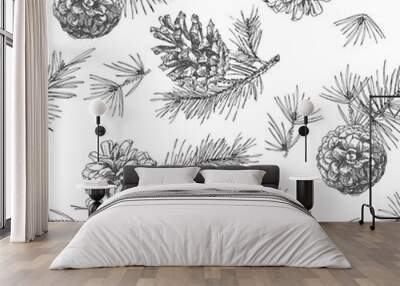 Realistic botanical ink sketch of fir tree branches with pine cone on white background. Vector illustrations Wall mural