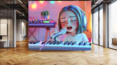 3d animation girl singing to microphone while recording music at home.Generative AI Wall mural