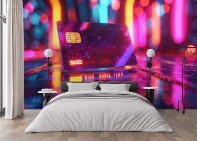 a futuristic credit card with glowing neon lights designed for online shopping , generative ai Wall mural