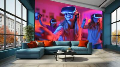 A group of friends in a living room, each wearing VR glasses and interacting with a multiplayer virtual reality game. Generative AI Wall mural