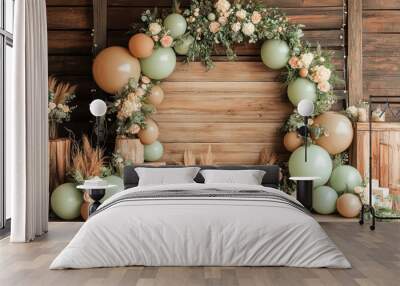 A large archway of balloons and flowers is set up in front of a white wall. The archway is made of green and brown balloons and is decorated with flowers. Generative AI Wall mural