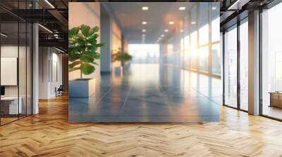 Beautiful blurred background of a light modern office interior with panoramic windows and beautiful lighting.Generative AI Wall mural