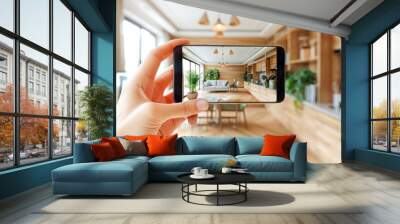 hands holding a Smartphone and take a picture of modern livingroom. Interior designer work with mobile. Generative AI Wall mural